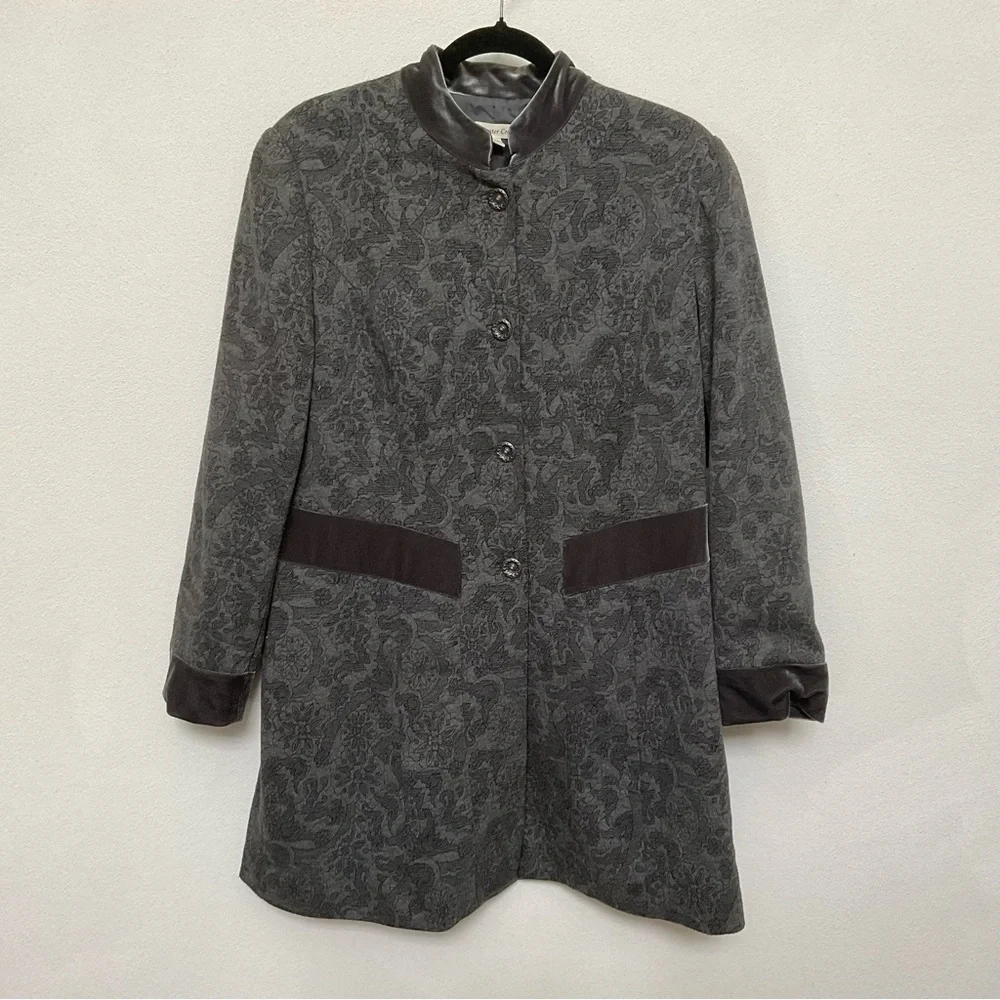Coldwater Creek Grey, Lace Print Button Up Jacket with Velour Trim Size 14